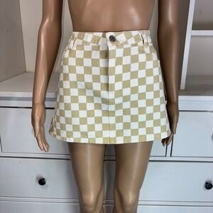 RSQ Women's Tan White Checkerboard Denim Mini Skirt Size 28